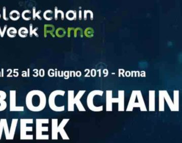 Cover grafica dell'evento "Blockchain Week Rome" riportante il nome dell'evento e il testo "dal 25 al 30 Giugno 2019 - Roma BLOCKCHAIN WEEK" testo bianco su sfondo blu scuro.